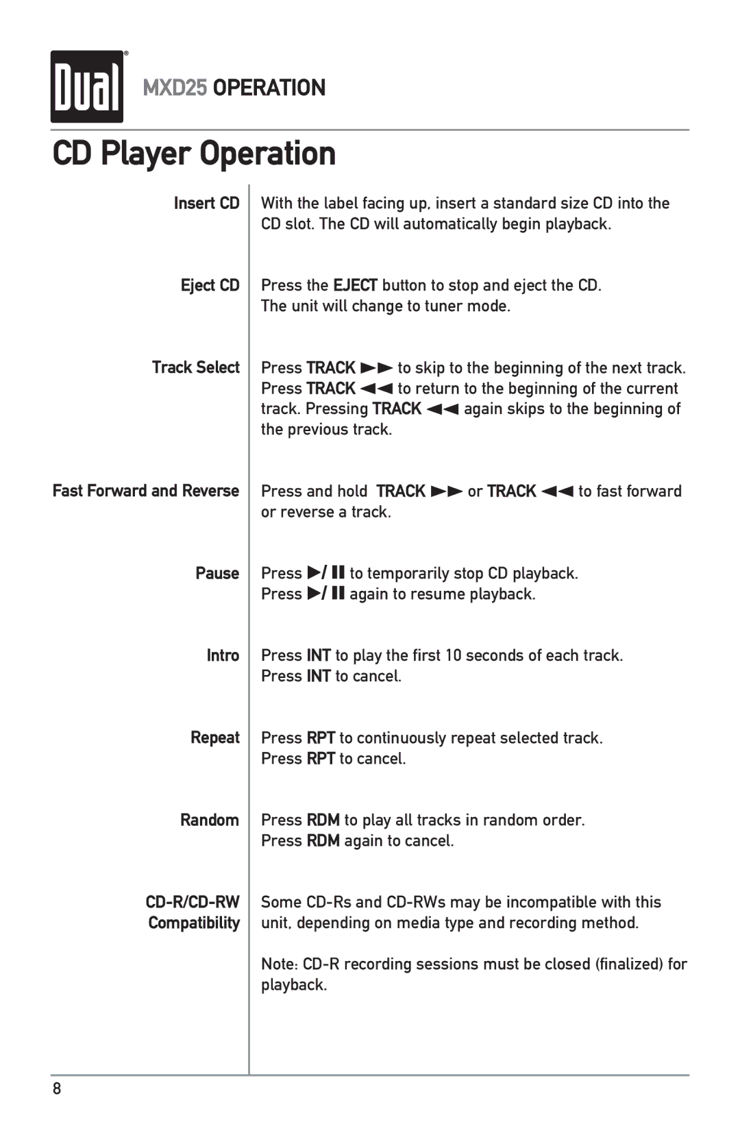 Dual MXD25 owner manual CD Player Operation, Compatibility 